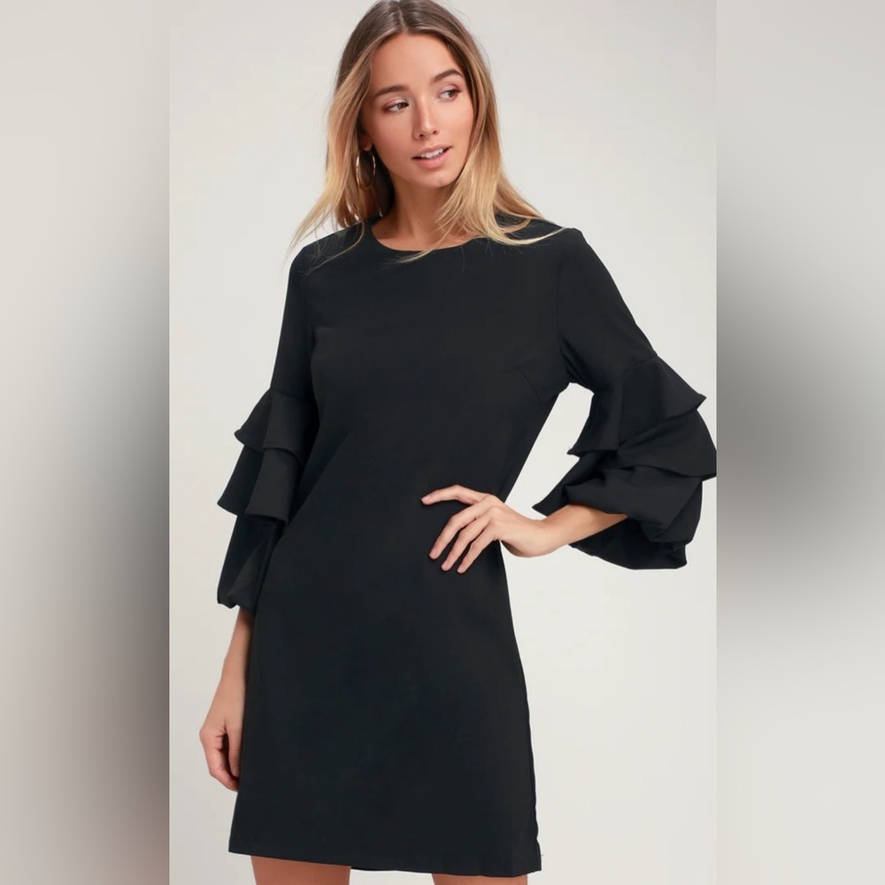 BP Nordstrom Tiered Ruffle Sleeve Black Shift Dress Small